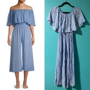 Elan S Solid Light Blue Off The Shoulder Jumpsuit